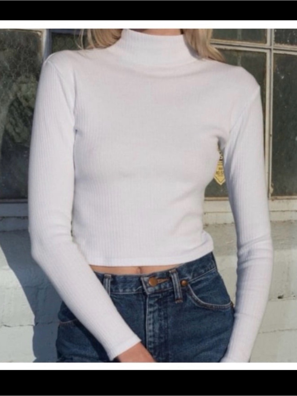 Brandy Melville White Ribbed Mock Neck Long Sleeve Crop Top Cotton Made in Italy